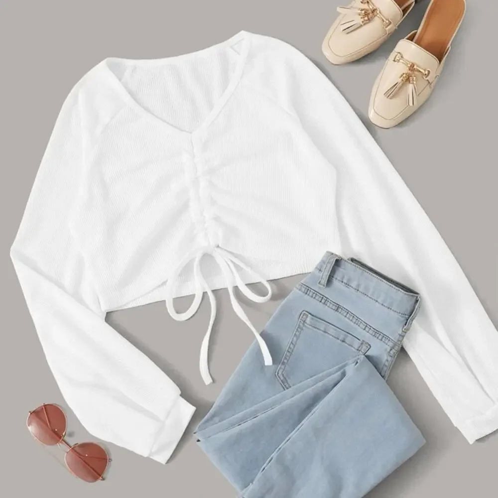 Drawstring front raglan sleeve white crop top size large NWOT (shein)